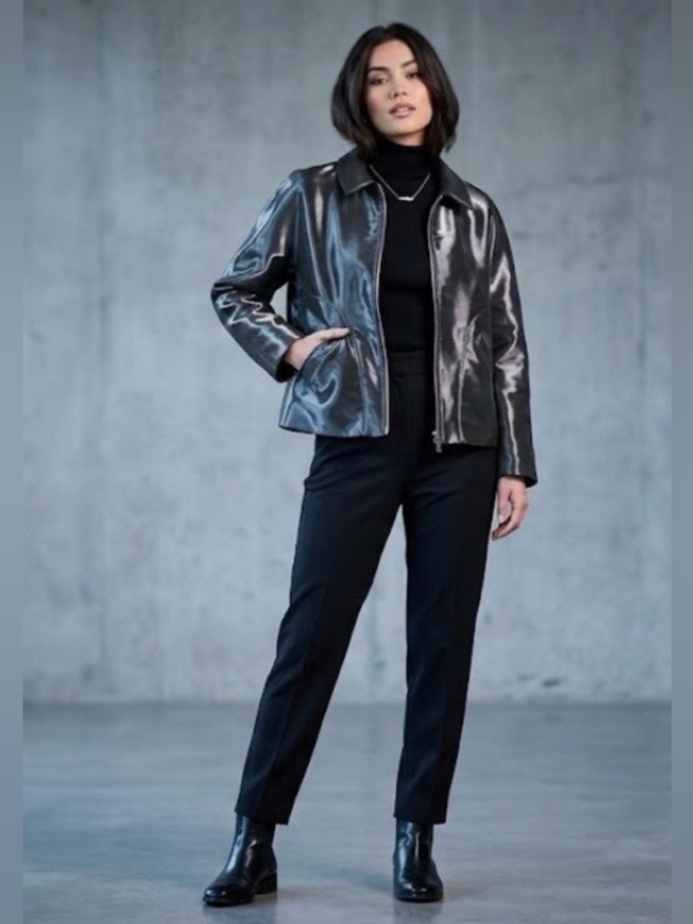 New Per Se Black Shiny Zip-Front Jacket size 10